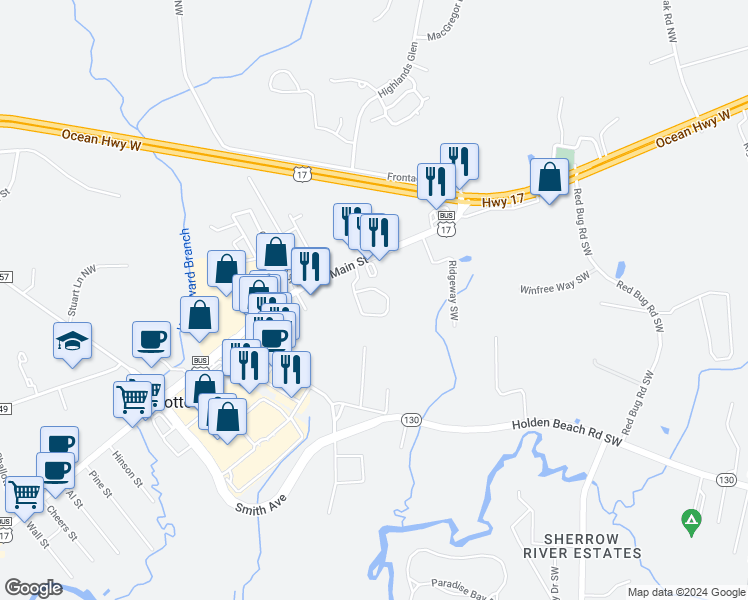 map of restaurants, bars, coffee shops, grocery stores, and more near 19 Birch Pond Drive in Shallotte