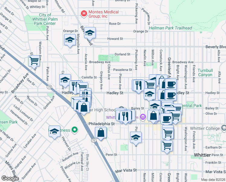 map of restaurants, bars, coffee shops, grocery stores, and more near 12317 Hadley Street in Whittier