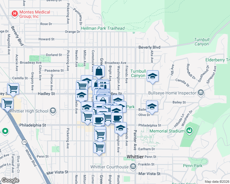 map of restaurants, bars, coffee shops, grocery stores, and more near 13117 Hadley Street in Whittier