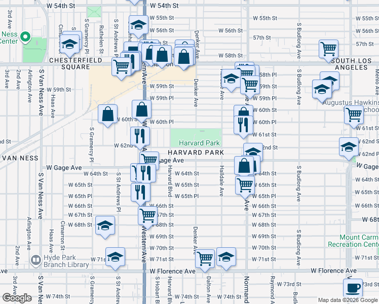 map of restaurants, bars, coffee shops, grocery stores, and more near 1614 West 62nd Street in Los Angeles