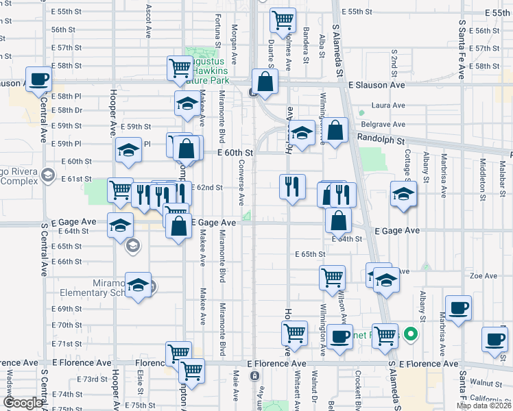 map of restaurants, bars, coffee shops, grocery stores, and more near East 63rd Street in Los Angeles