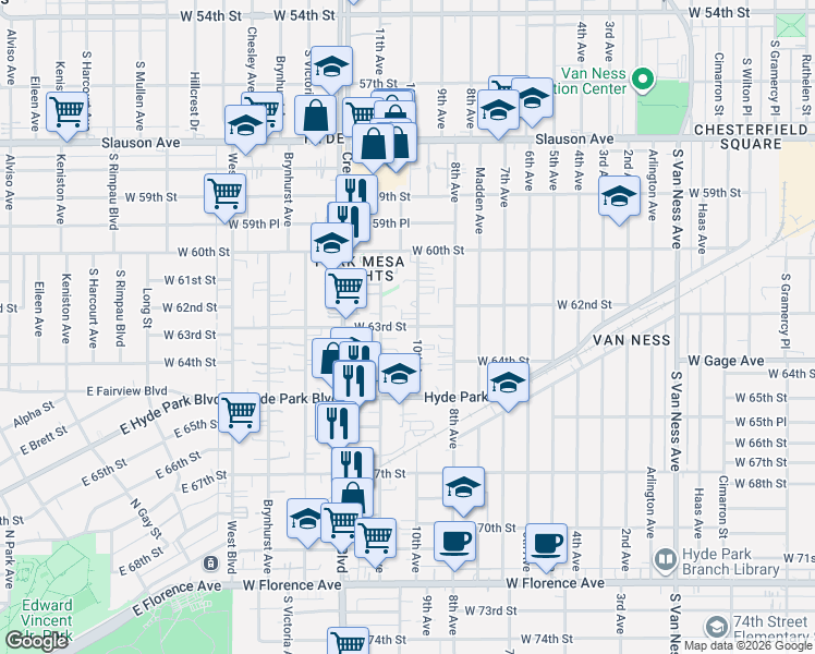 map of restaurants, bars, coffee shops, grocery stores, and more near 6310 11th Avenue in Los Angeles