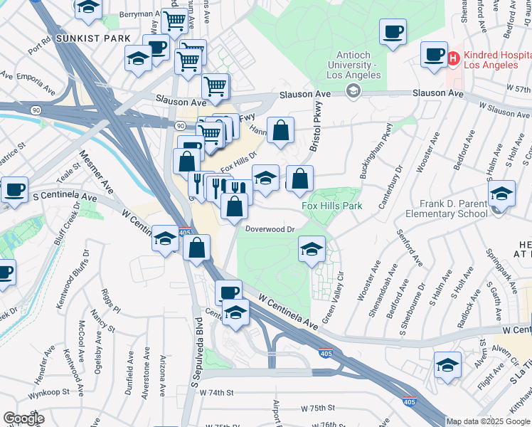 map of restaurants, bars, coffee shops, grocery stores, and more near 5870 Green Valley Circle in Culver City