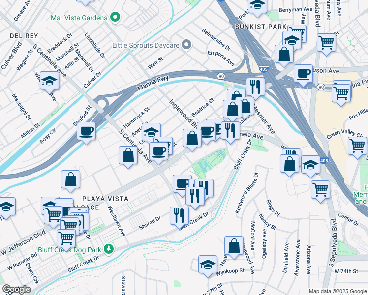 map of restaurants, bars, coffee shops, grocery stores, and more near 12067 Jefferson Boulevard in Los Angeles
