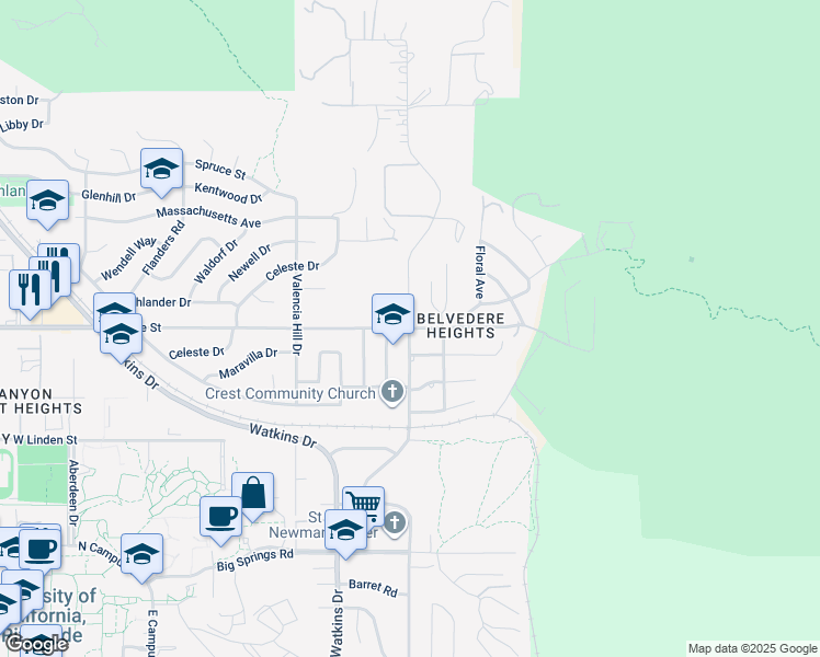 map of restaurants, bars, coffee shops, grocery stores, and more near 102 West Blaine Street in Riverside