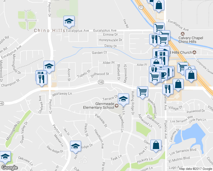 map of restaurants, bars, coffee shops, grocery stores, and more near 3682 Whirlaway Lane in Chino Hills