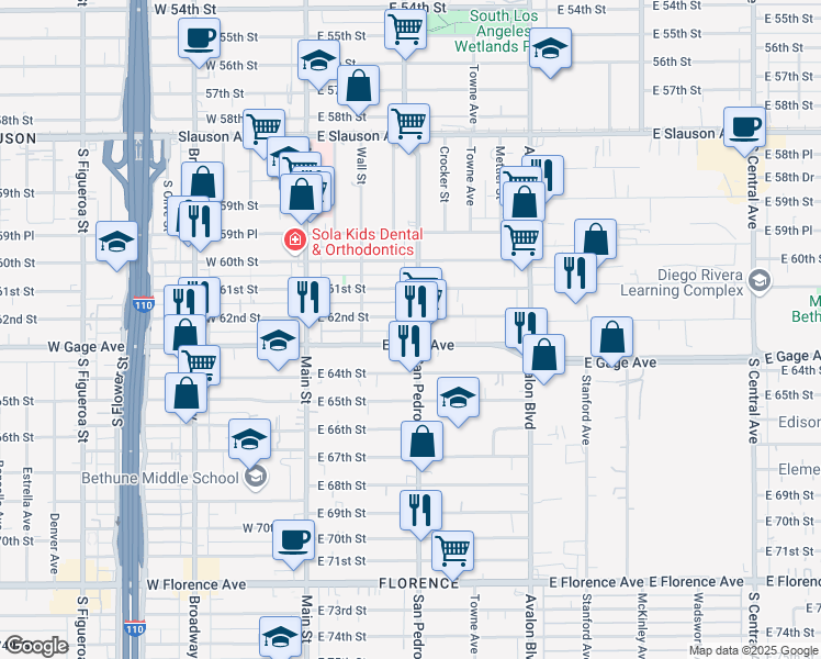 map of restaurants, bars, coffee shops, grocery stores, and more near 6211 San Pedro Street in Los Angeles