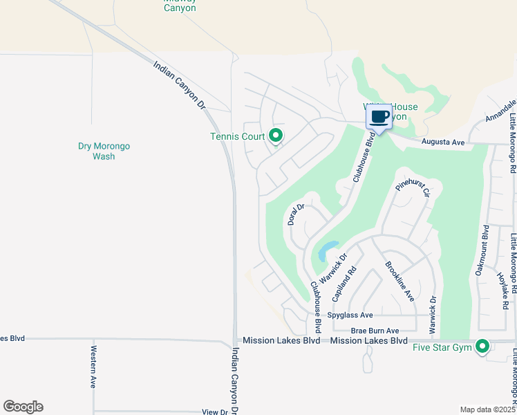 map of restaurants, bars, coffee shops, grocery stores, and more near 11849 Spyglass Avenue in Desert Hot Springs
