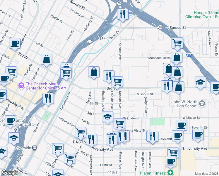 map of restaurants, bars, coffee shops, grocery stores, and more near 2215 3rd Street in Riverside