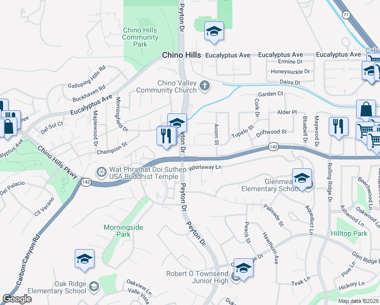 map of restaurants, bars, coffee shops, grocery stores, and more near 3320 Chino Hills Parkway in Chino Hills
