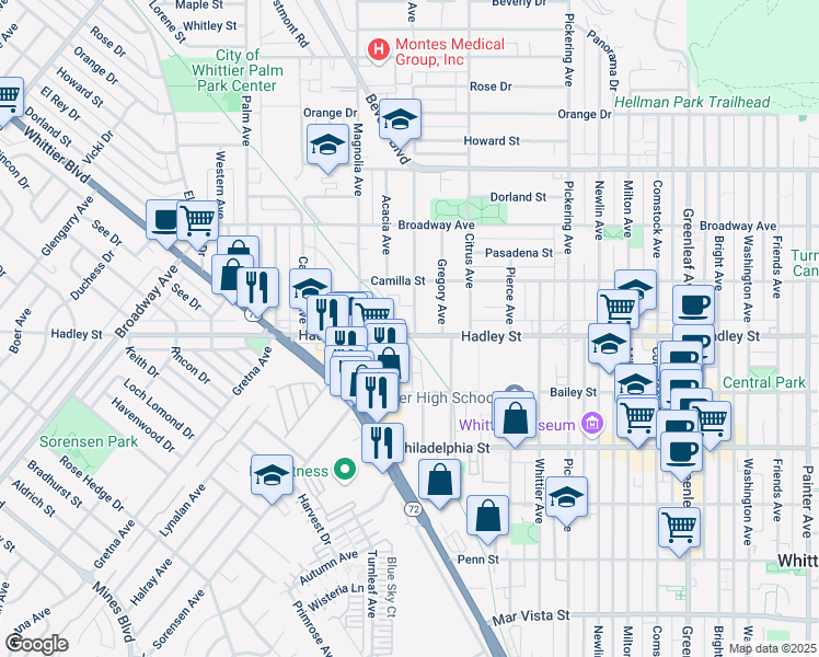 map of restaurants, bars, coffee shops, grocery stores, and more near 12006 Hadley Street in Whittier