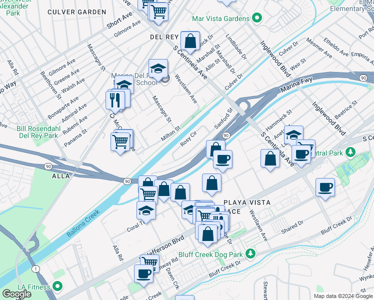 map of restaurants, bars, coffee shops, grocery stores, and more near 12581 Sanford Street in Los Angeles