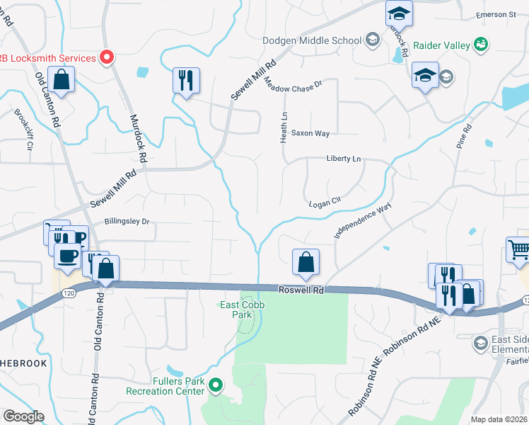 map of restaurants, bars, coffee shops, grocery stores, and more near 1356 Churchill Way in Marietta