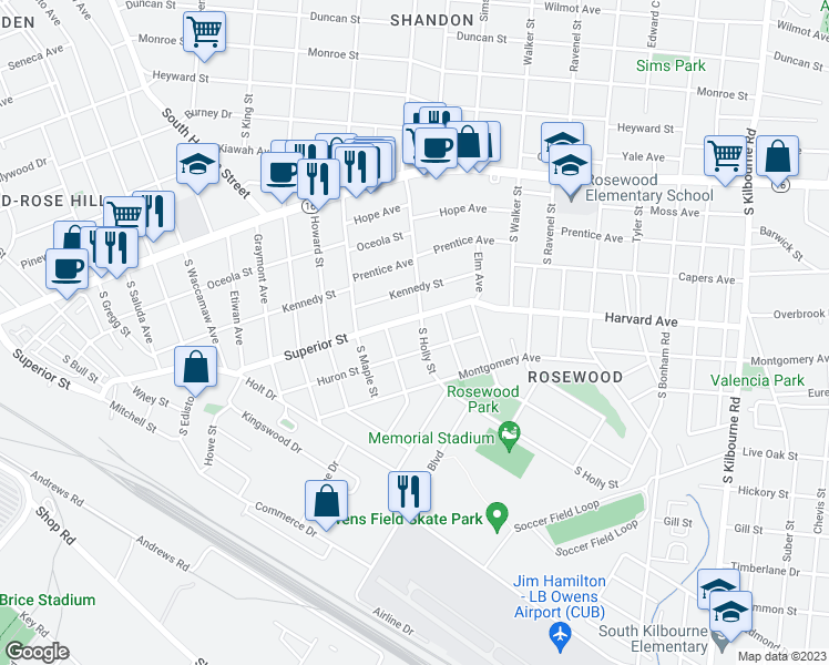 map of restaurants, bars, coffee shops, grocery stores, and more near 713 South Holly Street in Columbia