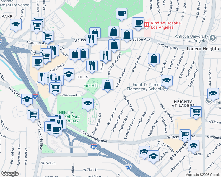 map of restaurants, bars, coffee shops, grocery stores, and more near 6225 Canterbury Drive in Culver City