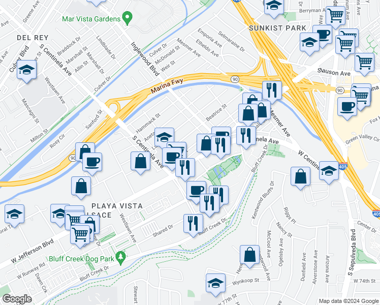 map of restaurants, bars, coffee shops, grocery stores, and more near 12074 Juniette Street in Culver City