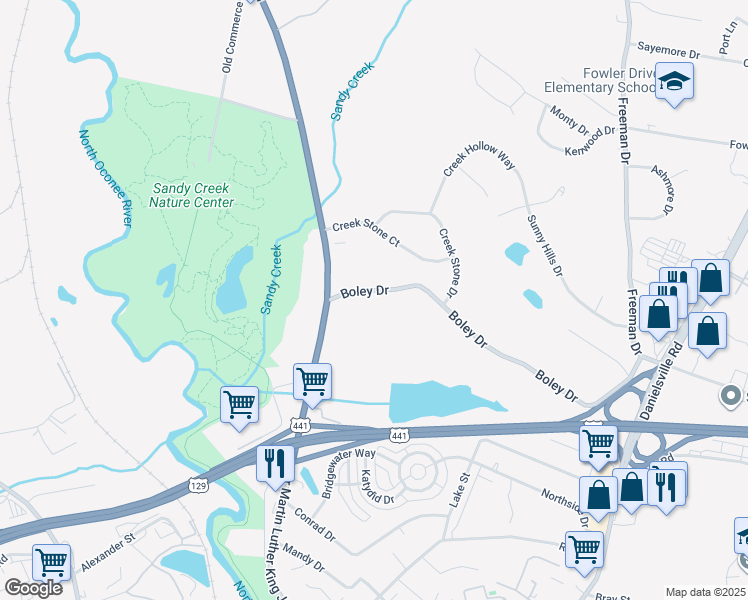 map of restaurants, bars, coffee shops, grocery stores, and more near 200 Boley Drive in Athens