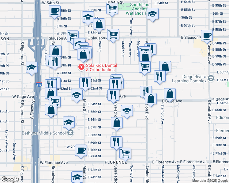 map of restaurants, bars, coffee shops, grocery stores, and more near 6211 San Pedro Street in Los Angeles