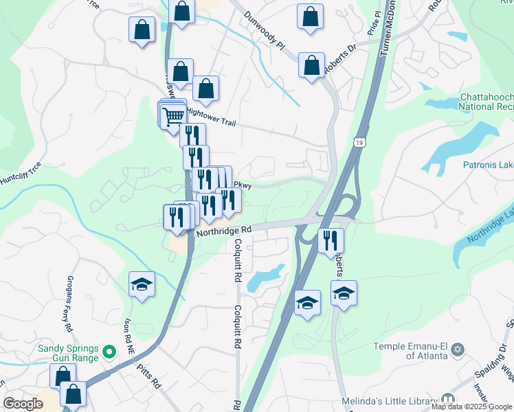 map of restaurants, bars, coffee shops, grocery stores, and more near Highland Park Tr in Sandy Springs