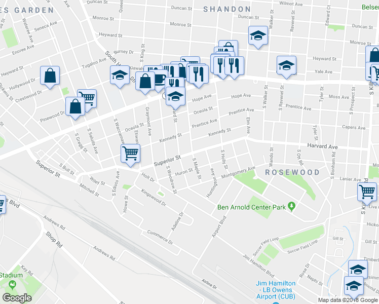 map of restaurants, bars, coffee shops, grocery stores, and more near 2711 Superior Street in Columbia
