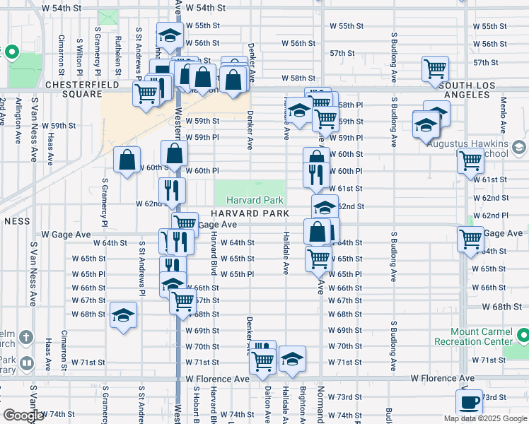 map of restaurants, bars, coffee shops, grocery stores, and more near 1535 West Gage Avenue in Los Angeles