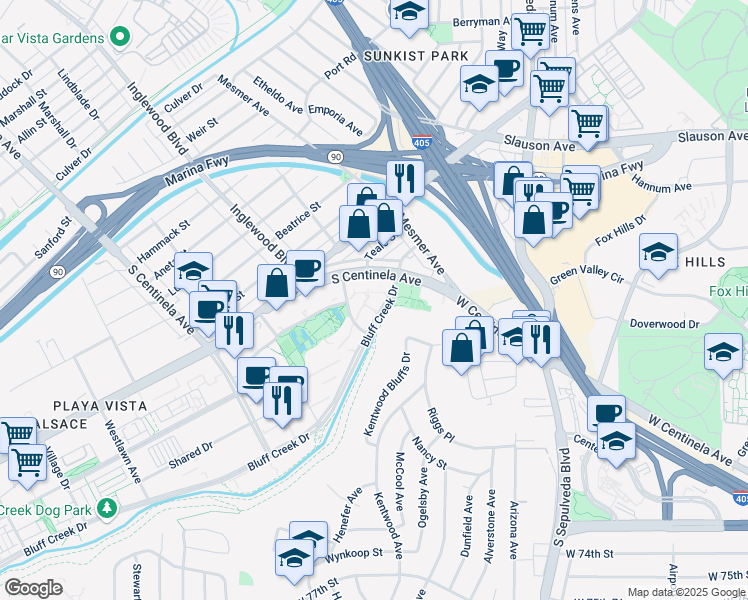 map of restaurants, bars, coffee shops, grocery stores, and more near 11995 Bluff Creek Drive in Los Angeles
