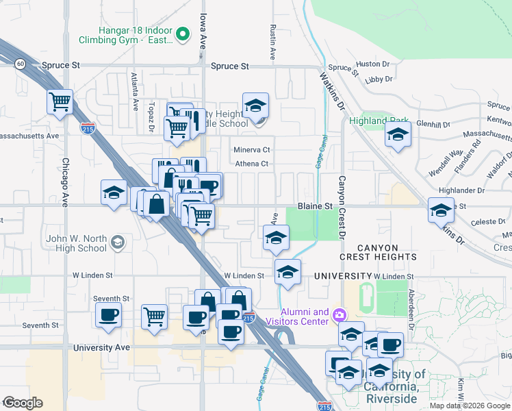 map of restaurants, bars, coffee shops, grocery stores, and more near 1142 West Blaine Street in Riverside
