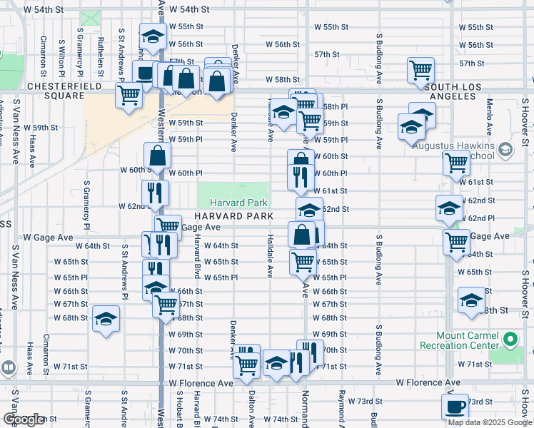 map of restaurants, bars, coffee shops, grocery stores, and more near 1449 West Gage Avenue in Los Angeles