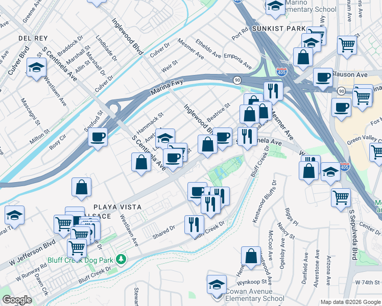 map of restaurants, bars, coffee shops, grocery stores, and more near 12074 Juniette Street in Culver City