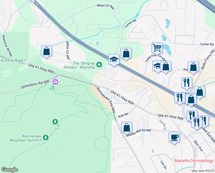 map of restaurants, bars, coffee shops, grocery stores, and more near 565 Stone Field Run in Marietta