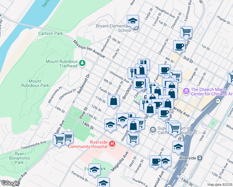 map of restaurants, bars, coffee shops, grocery stores, and more near 4153 Tenth Street in Riverside