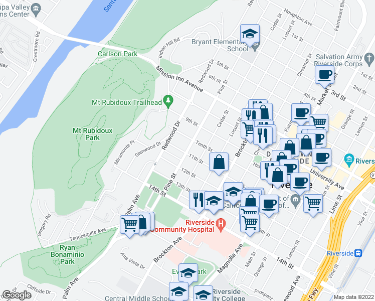 map of restaurants, bars, coffee shops, grocery stores, and more near 4372 11th Street in Riverside