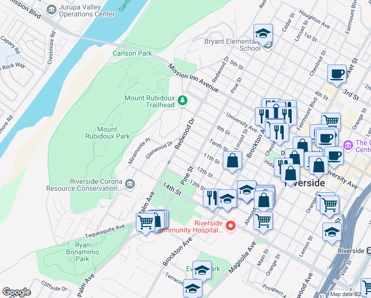 map of restaurants, bars, coffee shops, grocery stores, and more near 4435 12th Street in Riverside