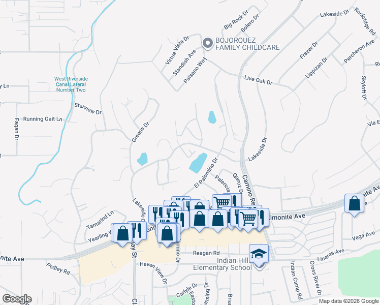 map of restaurants, bars, coffee shops, grocery stores, and more near 7960 Shadow Trails Lane in Riverside