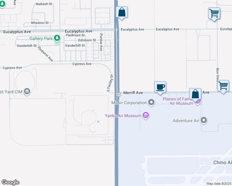 map of restaurants, bars, coffee shops, grocery stores, and more near in Chino