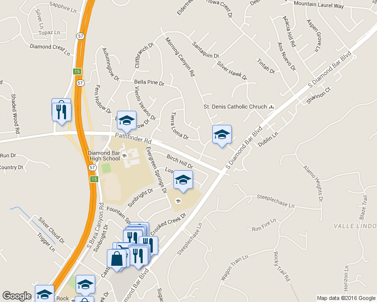 map of restaurants, bars, coffee shops, grocery stores, and more near 21637 Birch Hill Drive in Pomona