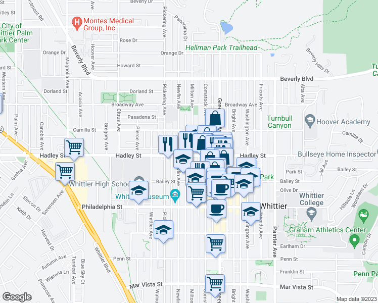 map of restaurants, bars, coffee shops, grocery stores, and more near 12802 Hadley Street in Whittier