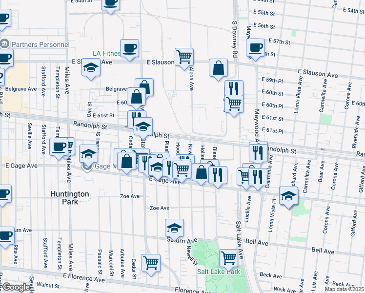 map of restaurants, bars, coffee shops, grocery stores, and more near 6244 Hood Avenue in Huntington Park