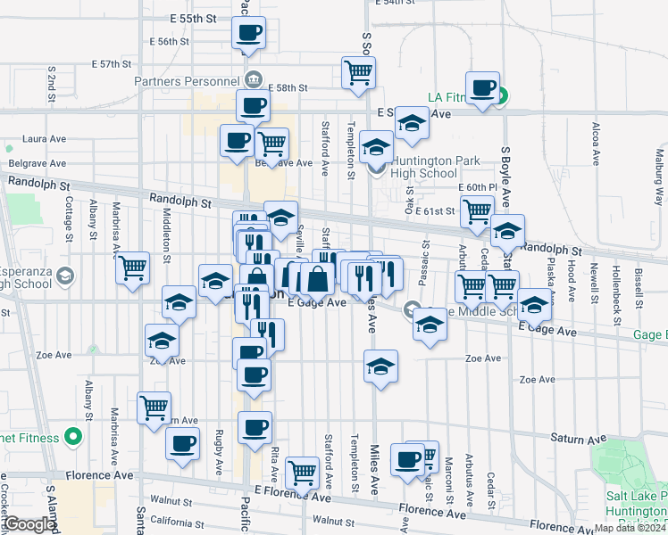map of restaurants, bars, coffee shops, grocery stores, and more near 6336 Stafford Avenue in Huntington Park