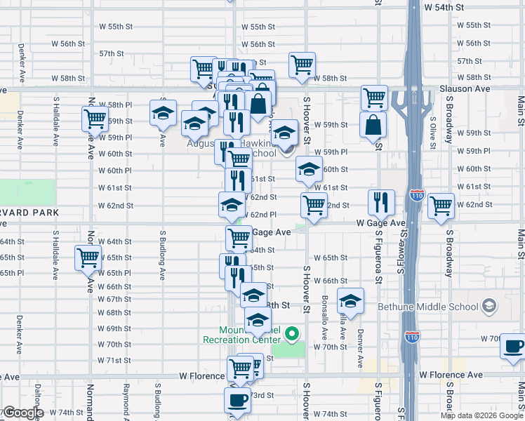 map of restaurants, bars, coffee shops, grocery stores, and more near 926 West 62nd Place in Los Angeles