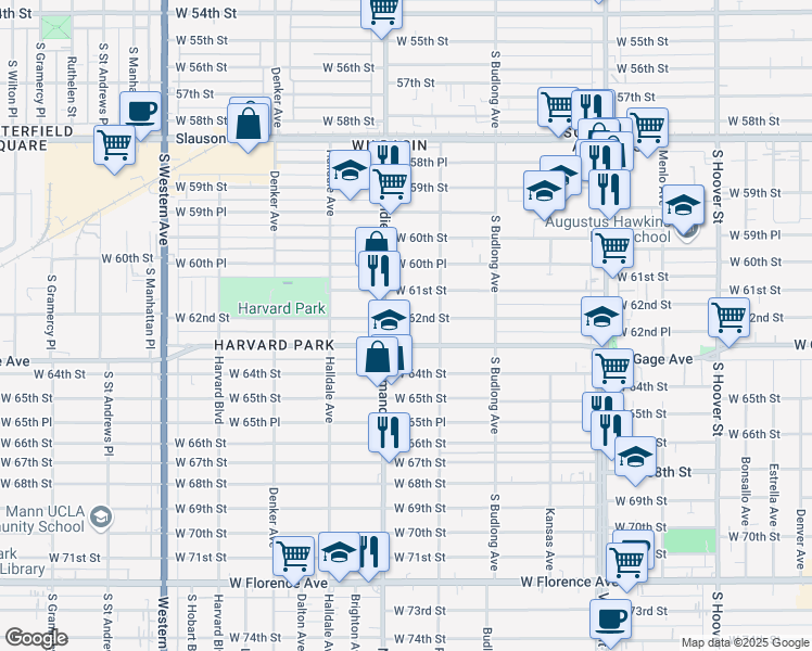 map of restaurants, bars, coffee shops, grocery stores, and more near 1327 West Gage Avenue in Los Angeles
