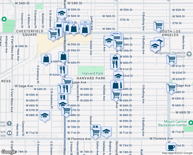 map of restaurants, bars, coffee shops, grocery stores, and more near 1535 West Gage Avenue in Los Angeles