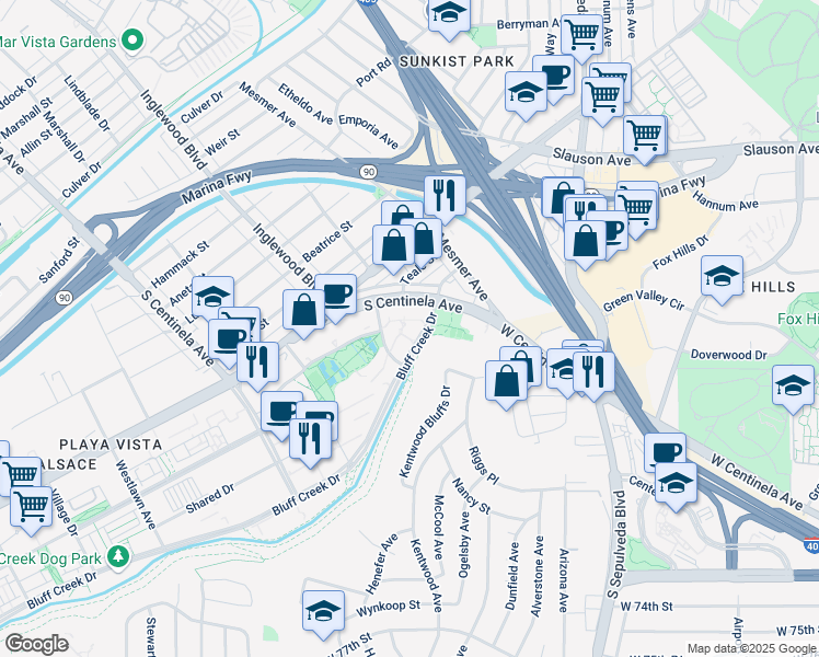 map of restaurants, bars, coffee shops, grocery stores, and more near 11995 Bluff Creek Drive in Los Angeles