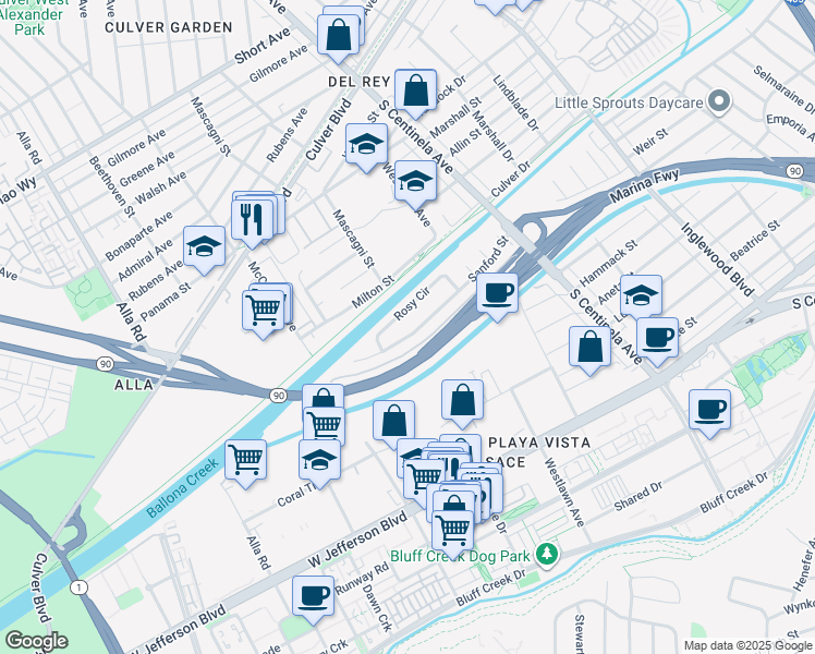 map of restaurants, bars, coffee shops, grocery stores, and more near 12590 Sanford Street in Los Angeles