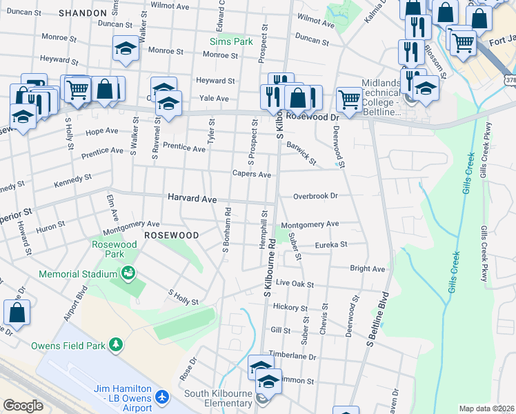 map of restaurants, bars, coffee shops, grocery stores, and more near 608 Hemphill Street in Columbia