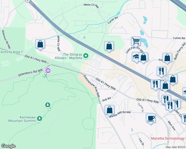 map of restaurants, bars, coffee shops, grocery stores, and more near 565 Stone Field Run in Marietta