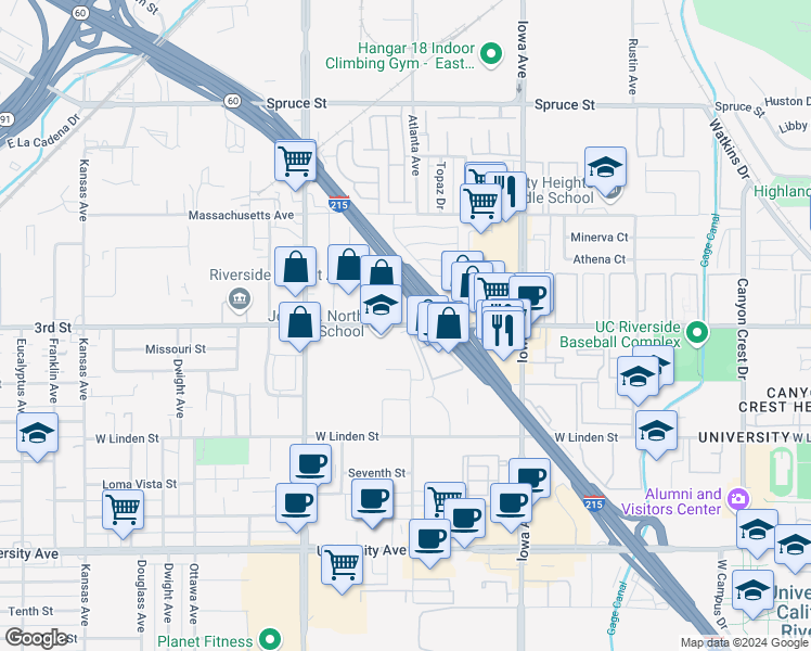 map of restaurants, bars, coffee shops, grocery stores, and more near 1550 3rd Street in Riverside