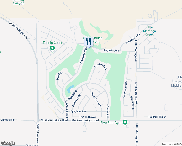 map of restaurants, bars, coffee shops, grocery stores, and more near 64494 Pinehurst Circle in Desert Hot Springs