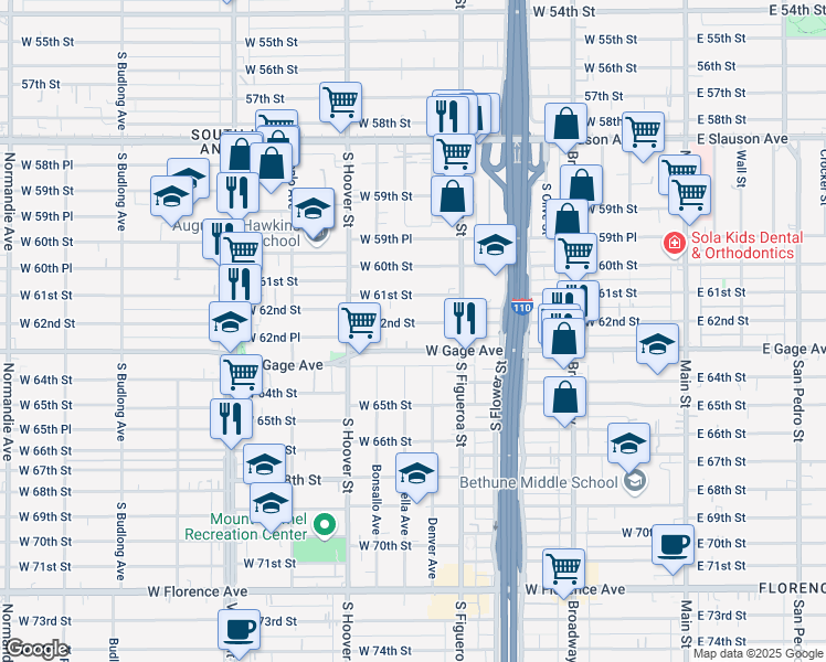 map of restaurants, bars, coffee shops, grocery stores, and more near 603 West Gage Avenue in Los Angeles