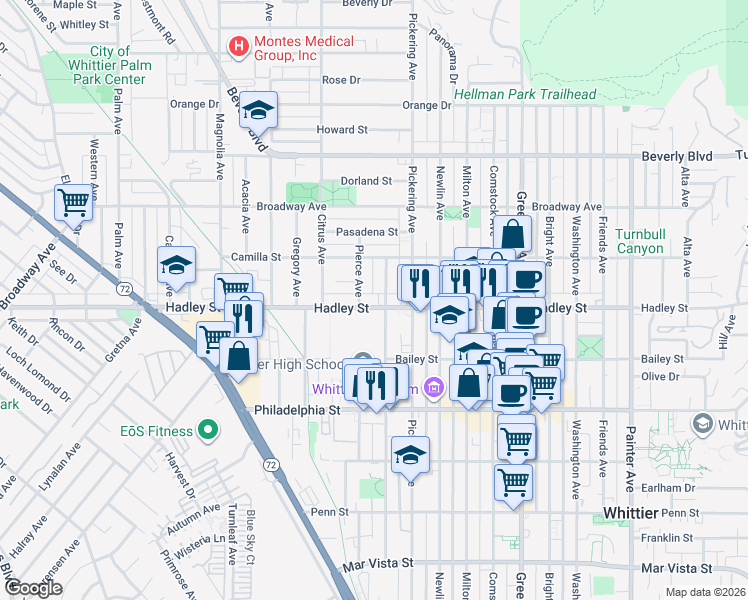 map of restaurants, bars, coffee shops, grocery stores, and more near 12417 Hadley Street in Whittier